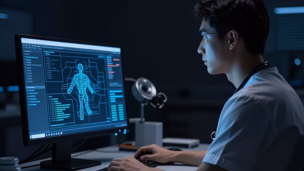 A machine-learning system visualized in a dark technical environment