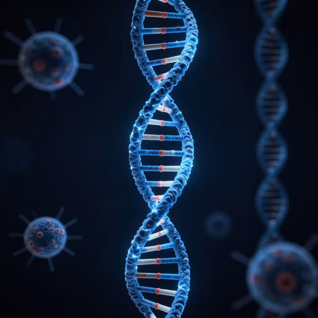 Illuminated DNA helix with cellular forms in the background