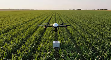 Drone surveying farmland with sensor network for precision agriculture