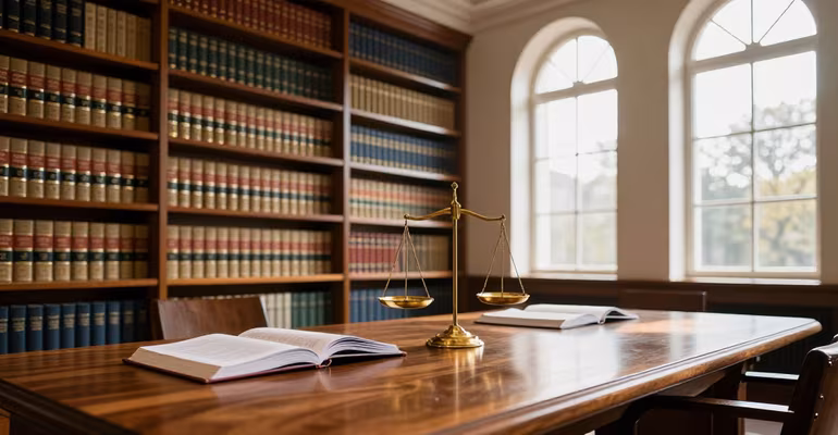 A law library and scales suggesting the governance questions around technology