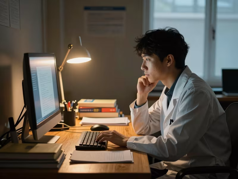 A researcher working through a complex question at a warm-lit desk