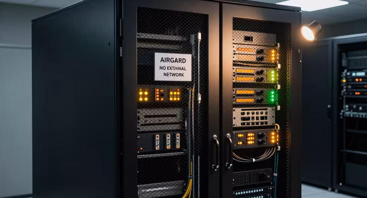 A secure server rack with amber and green status lights