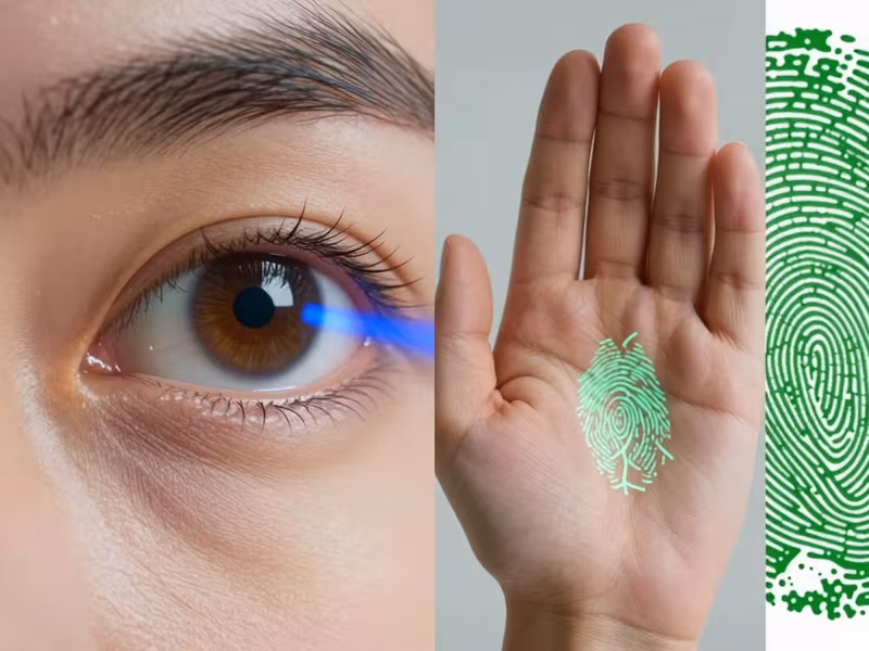 An eye, hand, and fingerprint rendered as biometric research signals