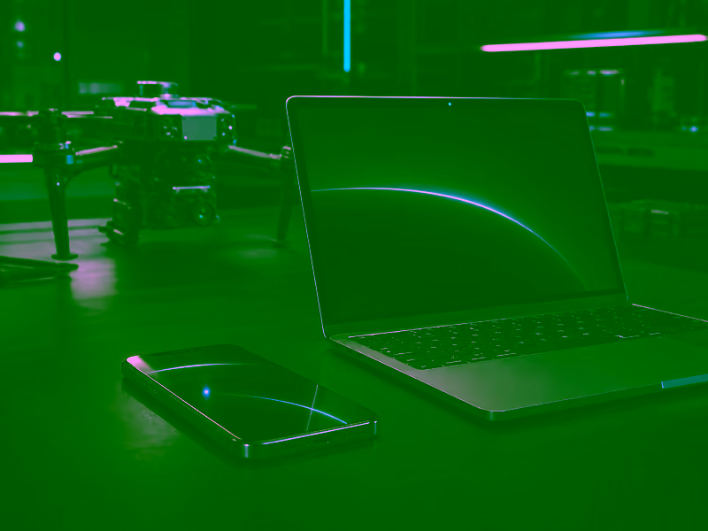 A modern smartphone and laptop with subtle biometric sensing cues beside a compact drone sensor platform in a dark laboratory