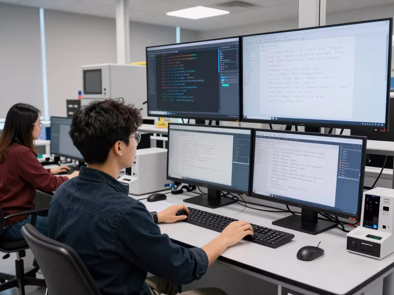 Researchers working with code and machine-intelligence systems in a laboratory