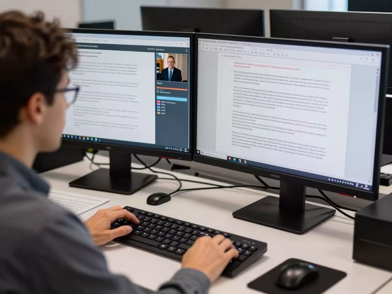 A researcher working across two monitors filled with language and systems notes