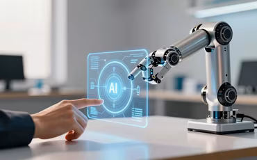 A robotic arm beside a transparent AI interface in a bright lab