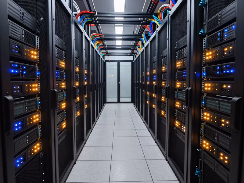 A high-performance computing room with illuminated racks and colorful cabling