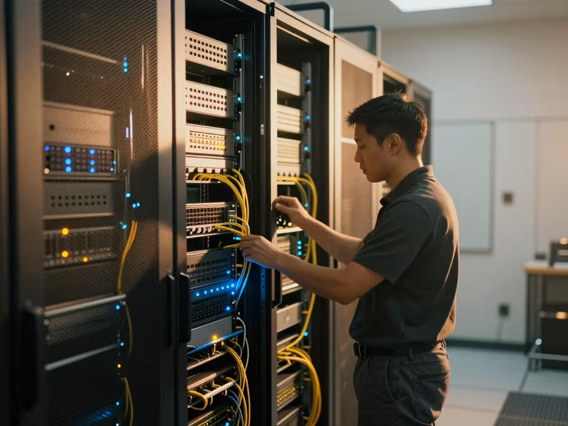 A researcher checks cabling inside a server rack in a controlled computing facility.