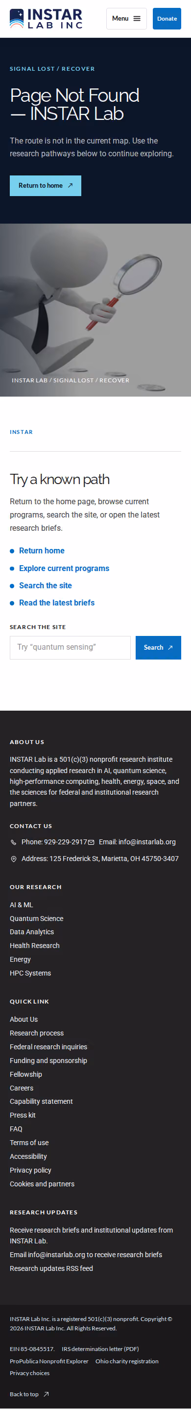 Screenshot thumbnail of Page Not Found — INSTAR Lab (/404.html) at mobile viewport