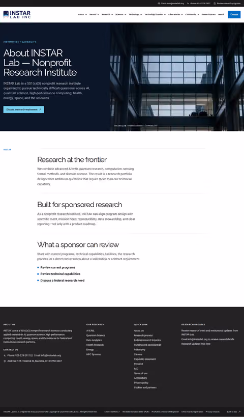Screenshot thumbnail of About INSTAR Lab — Nonprofit Research Institute (/about/) at desktop viewport
