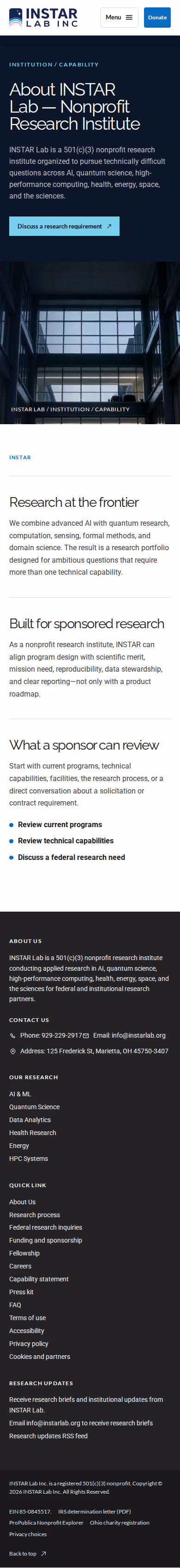 Screenshot thumbnail of About INSTAR Lab — Nonprofit Research Institute (/about/) at mobile viewport