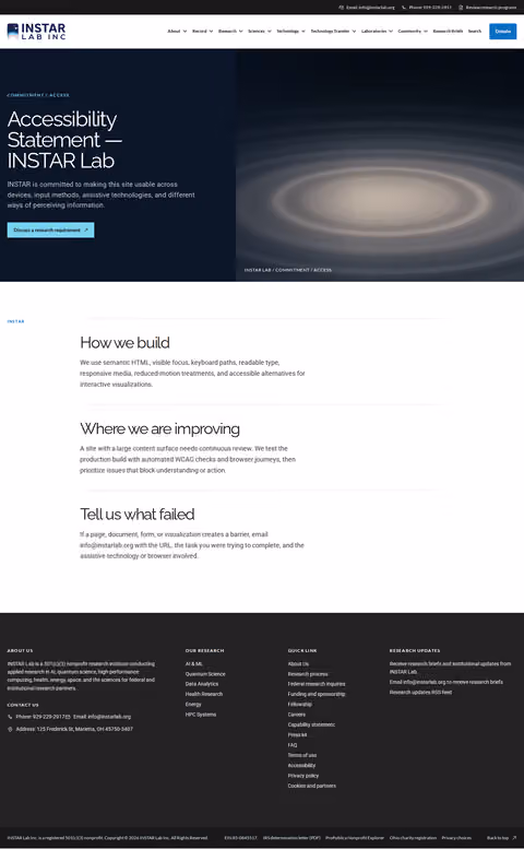 Screenshot thumbnail of Accessibility Statement — INSTAR Lab (/accessibility/) at desktop viewport