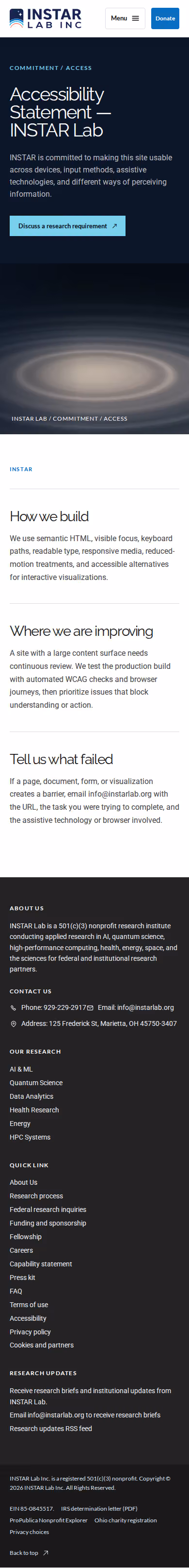 Screenshot thumbnail of Accessibility Statement — INSTAR Lab (/accessibility/) at mobile viewport