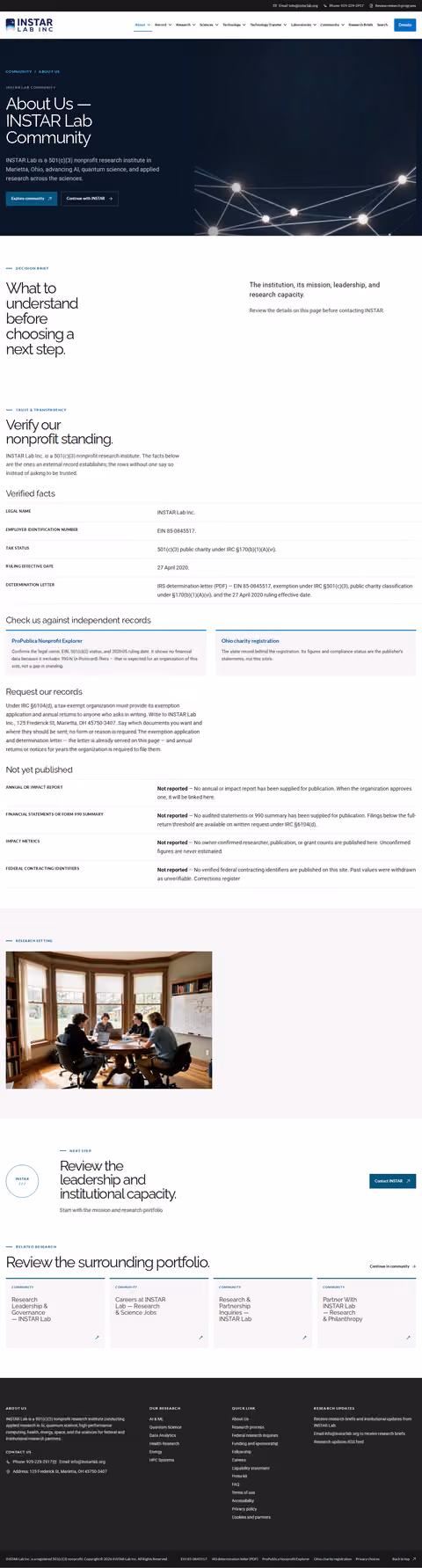 Screenshot thumbnail of About Us — INSTAR Lab Community (/community/about-us/) at desktop viewport