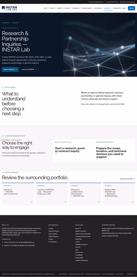 Screenshot thumbnail of Research & Partnership Inquiries — INSTAR Lab (/community/contact/) at desktop viewport