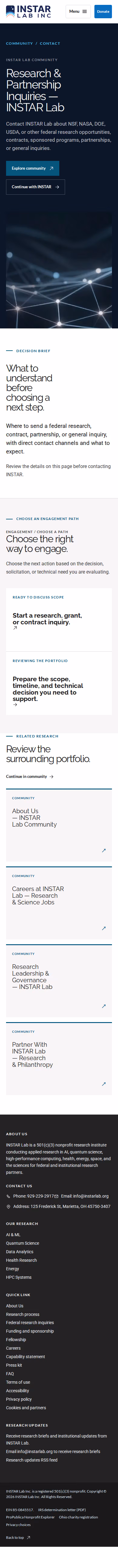 Screenshot thumbnail of Research & Partnership Inquiries — INSTAR Lab (/community/contact/) at mobile viewport