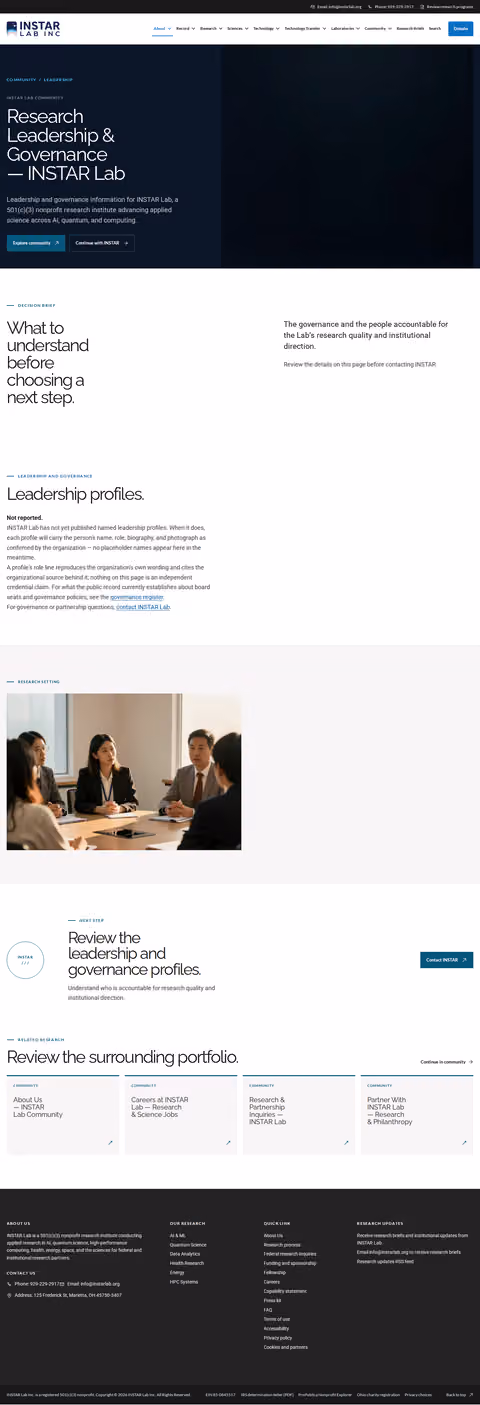 Screenshot thumbnail of Research Leadership & Governance — INSTAR Lab (/community/leadership/) at desktop viewport