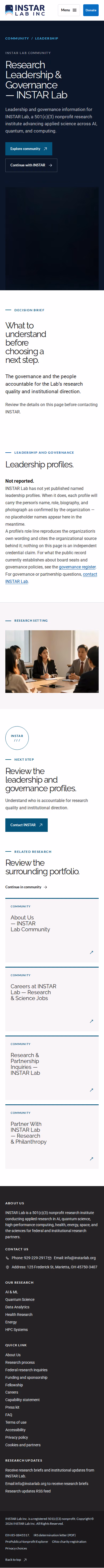 Screenshot thumbnail of Research Leadership & Governance — INSTAR Lab (/community/leadership/) at mobile viewport