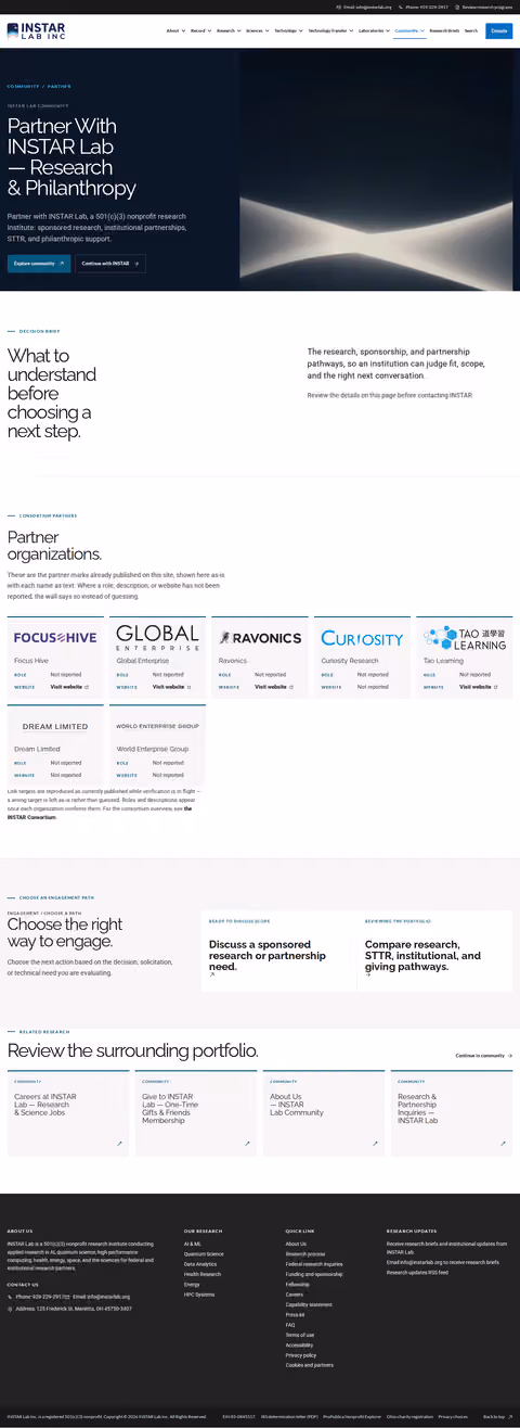 Screenshot thumbnail of Partner With INSTAR Lab — Research & Philanthropy (/community/partner/) at desktop viewport