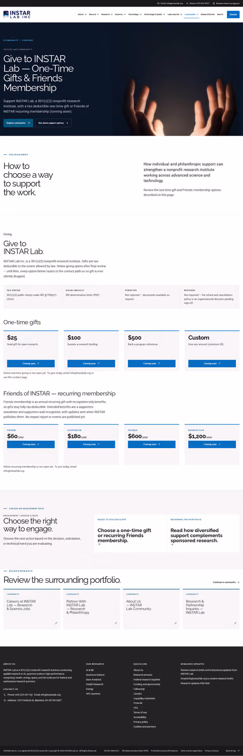Screenshot thumbnail of Give to INSTAR Lab — One-Time Gifts & Friends Membership (/community/support/) at desktop viewport