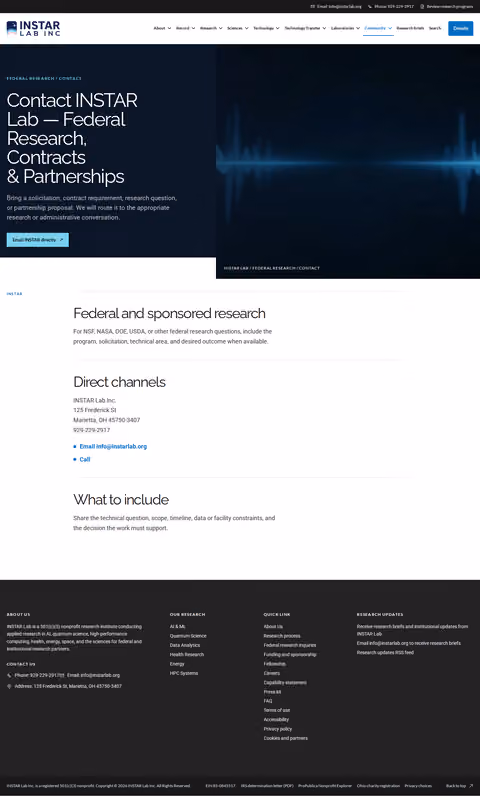 Screenshot thumbnail of Contact INSTAR Lab — Federal Research, Contracts & Partnerships (/contact-us/) at desktop viewport