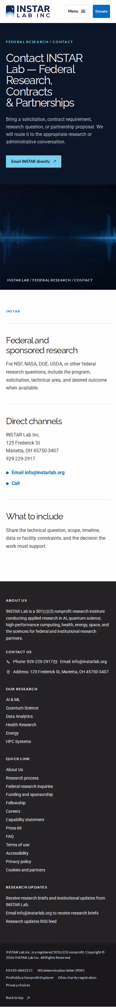 Screenshot thumbnail of Contact INSTAR Lab — Federal Research, Contracts & Partnerships (/contact-us/) at mobile viewport