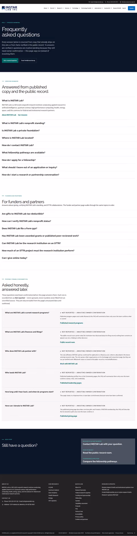 Screenshot thumbnail of Frequently Asked Questions — INSTAR Lab (/faq/) at desktop viewport