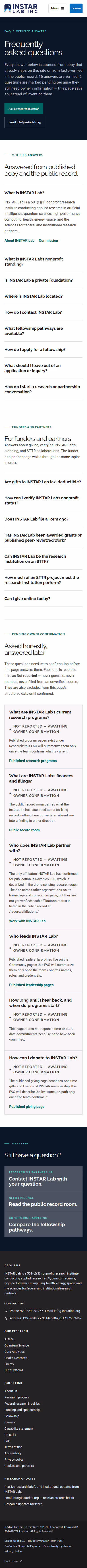 Screenshot thumbnail of Frequently Asked Questions — INSTAR Lab (/faq/) at mobile viewport