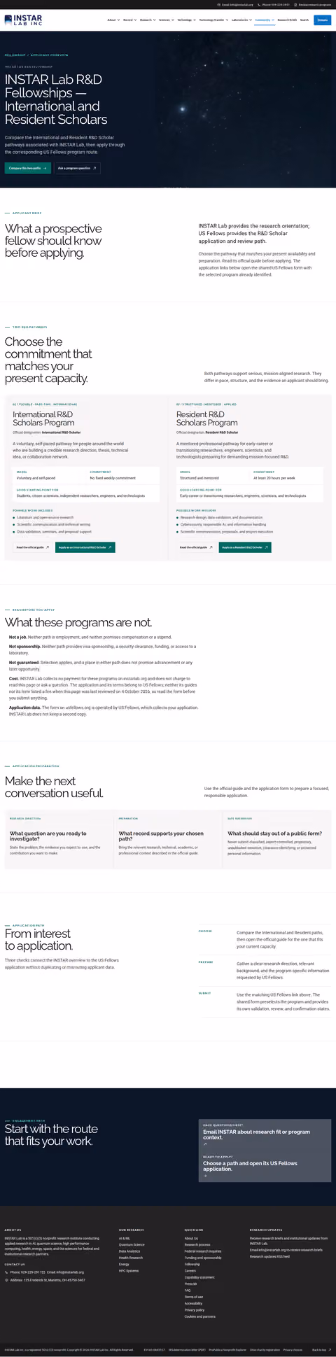 Screenshot thumbnail of INSTAR Lab R&D Fellowships — International and Resident Scholars (/fellowship/) at desktop viewport