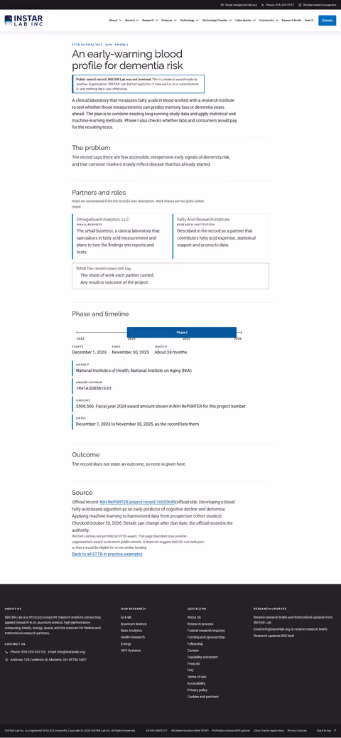 Screenshot thumbnail of An early-warning blood profile for dementia risk — STTR in Practice (/funders/sttr-in-practice/dementia-risk-blood-test-nia-phase-i/) at desktop viewport