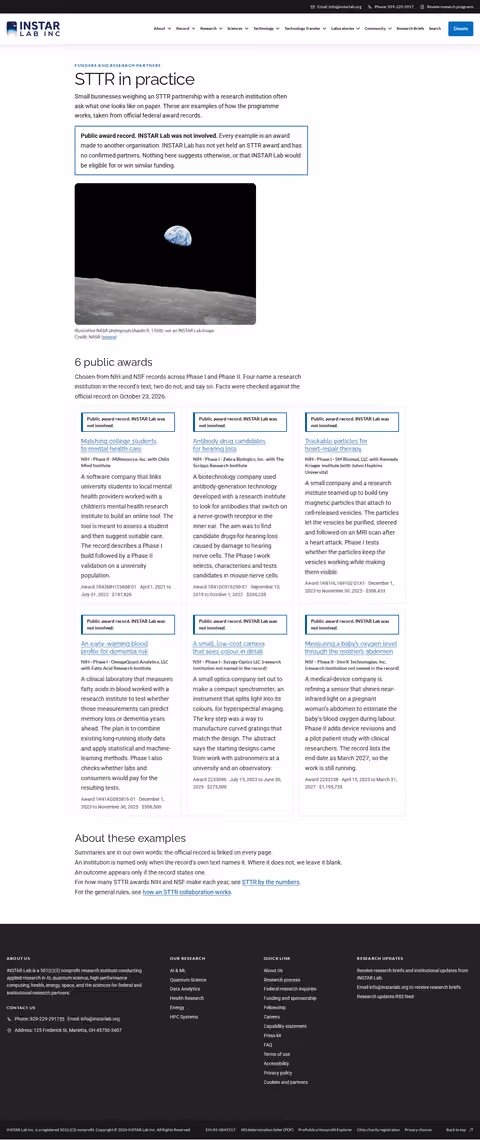 Screenshot thumbnail of STTR in Practice — Public Award Examples (/funders/sttr-in-practice/) at desktop viewport