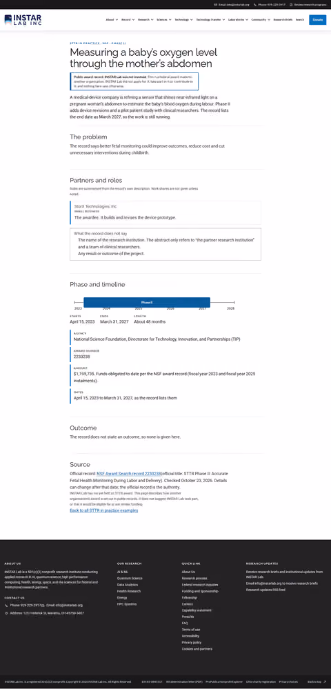 Screenshot thumbnail of Measuring a baby’s oxygen level through the mother’s abdomen — STTR in Practice (/funders/sttr-in-practice/fetal-oxygen-monitor-nsf-phase-ii/) at desktop viewport