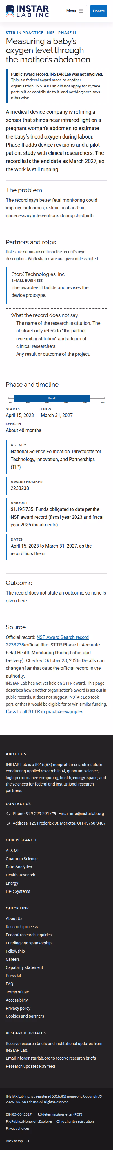 Screenshot thumbnail of Measuring a baby’s oxygen level through the mother’s abdomen — STTR in Practice (/funders/sttr-in-practice/fetal-oxygen-monitor-nsf-phase-ii/) at mobile viewport