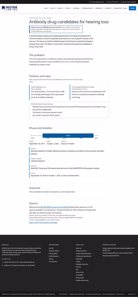 Screenshot thumbnail of Antibody drug candidates for hearing loss — STTR in Practice (/funders/sttr-in-practice/hearing-loss-antibodies-nidcd-phase-i/) at desktop viewport
