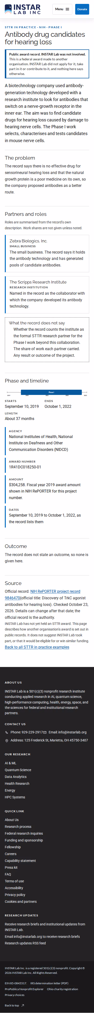 Screenshot thumbnail of Antibody drug candidates for hearing loss — STTR in Practice (/funders/sttr-in-practice/hearing-loss-antibodies-nidcd-phase-i/) at mobile viewport