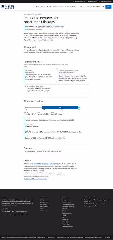 Screenshot thumbnail of Trackable particles for heart-repair therapy — STTR in Practice (/funders/sttr-in-practice/heart-repair-imaging-nhlbi-phase-i/) at desktop viewport