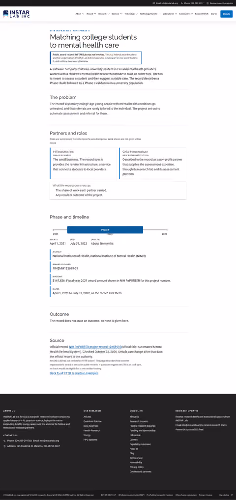 Screenshot thumbnail of Matching college students to mental health care — STTR in Practice (/funders/sttr-in-practice/mental-health-referral-nimh-phase-ii/) at desktop viewport