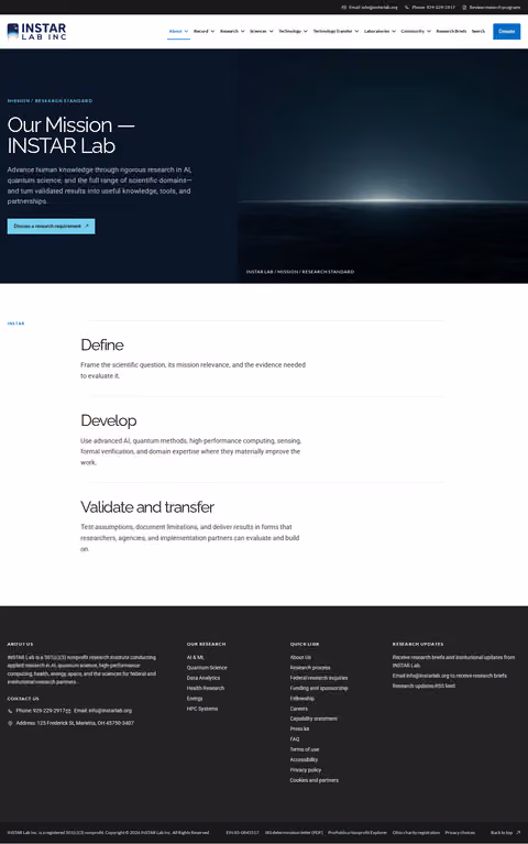 Screenshot thumbnail of Our Mission — INSTAR Lab (/mission/) at desktop viewport