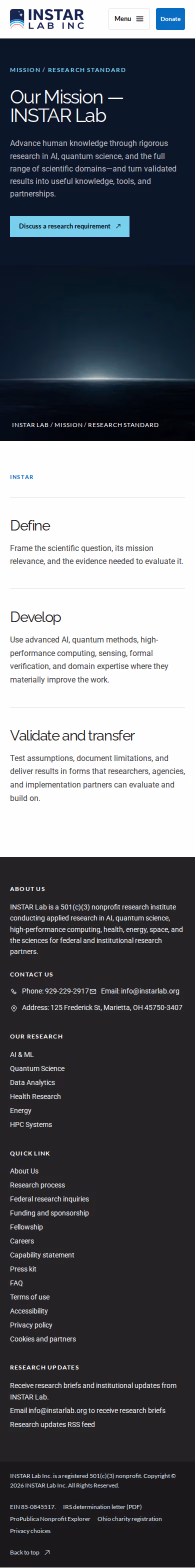 Screenshot thumbnail of Our Mission — INSTAR Lab (/mission/) at mobile viewport