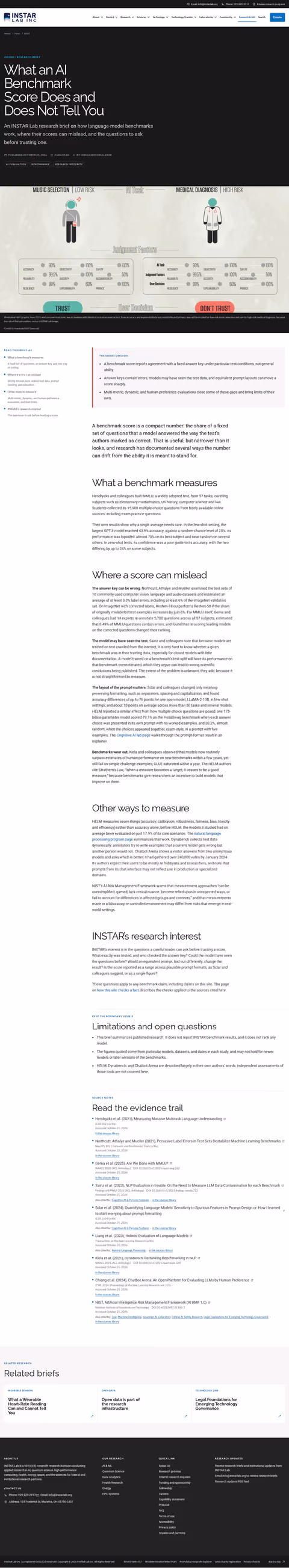 Screenshot thumbnail of What an AI Benchmark Score Does and Does Not Tell You — INSTAR Lab (/news/ai-benchmark-scores/) at desktop viewport