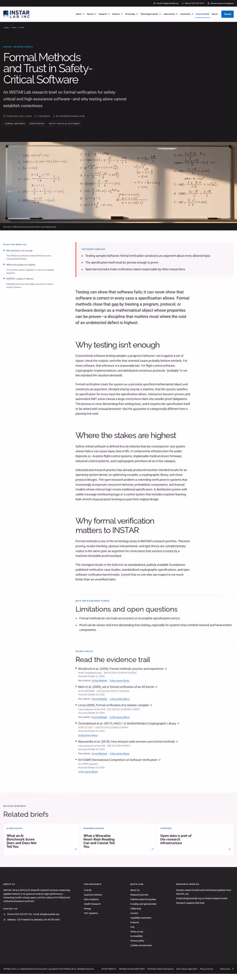 Screenshot thumbnail of Formal Methods and Trust in Safety-Critical Software — INSTAR Lab (/news/formal-methods-safety-critical-trust/) at desktop viewport