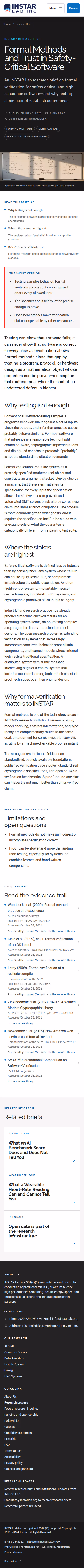 Screenshot thumbnail of Formal Methods and Trust in Safety-Critical Software — INSTAR Lab (/news/formal-methods-safety-critical-trust/) at mobile viewport