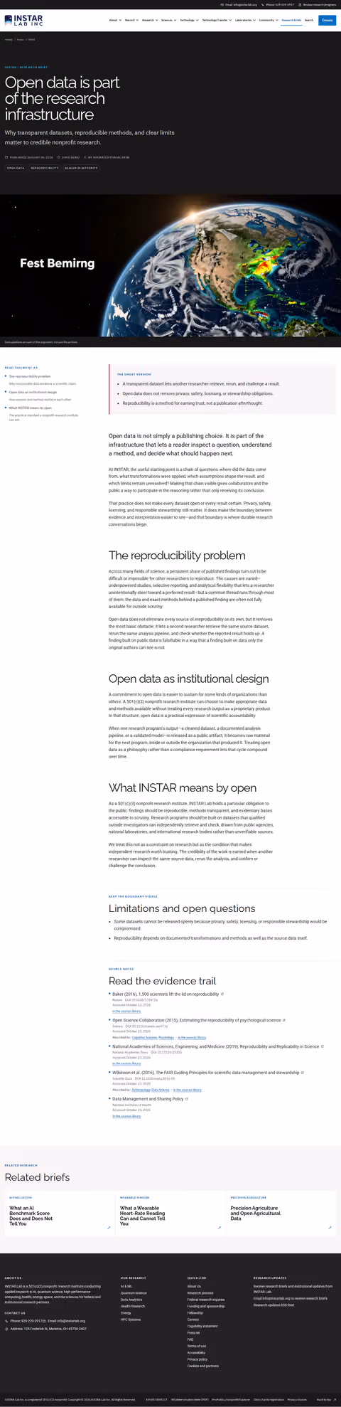 Screenshot thumbnail of Open data is part of the research infrastructure — INSTAR Lab (/news/open-data-research-philosophy/) at desktop viewport