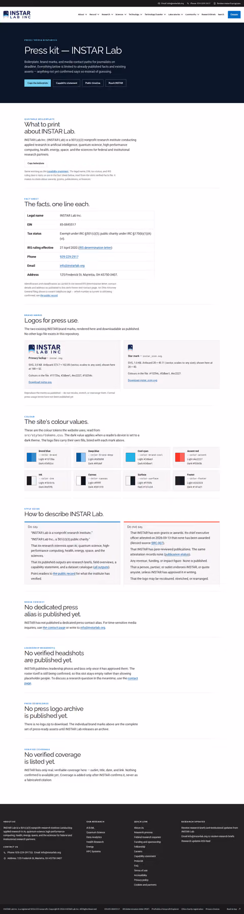 Screenshot thumbnail of Press kit — INSTAR Lab (/press/) at desktop viewport