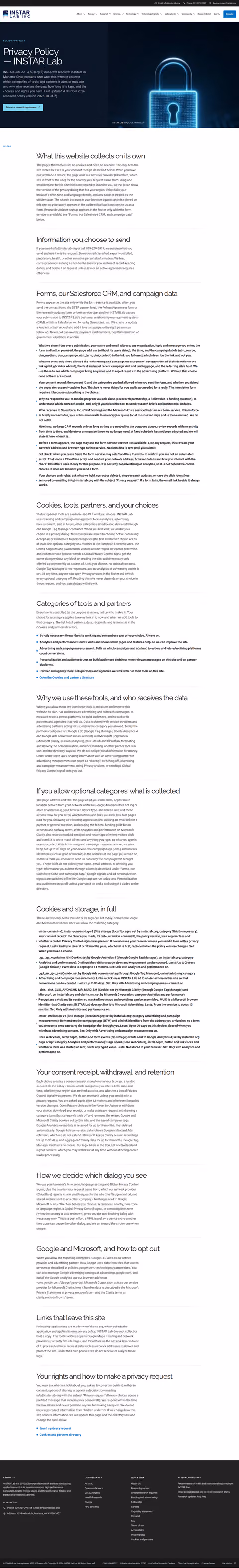 Screenshot thumbnail of Privacy Policy — INSTAR Lab (/privacy/) at desktop viewport