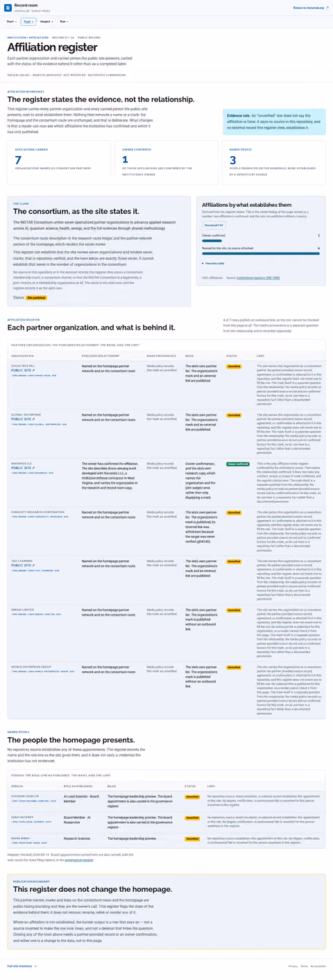 Screenshot thumbnail of Affiliation register | INSTAR Lab (/record/affiliations/) at desktop viewport