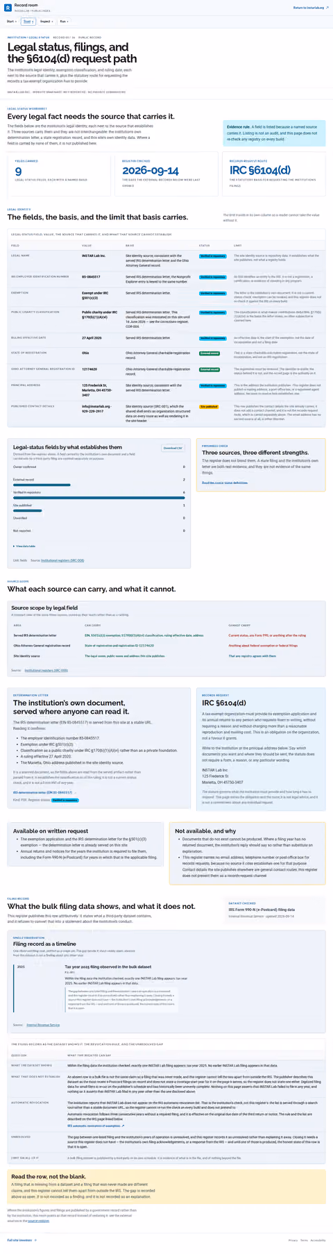 Screenshot thumbnail of Legal status, filings, and the §6104(d) request path | INSTAR Lab (/record/legal/) at desktop viewport