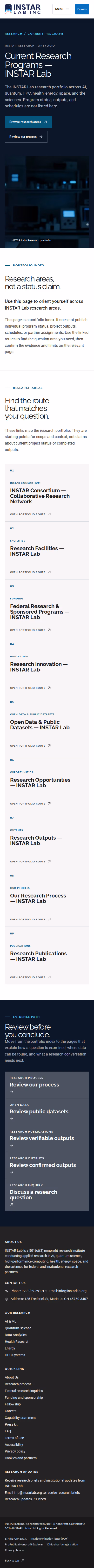 Screenshot thumbnail of Current Research Programs — INSTAR Lab (/research/current-programs/) at mobile viewport