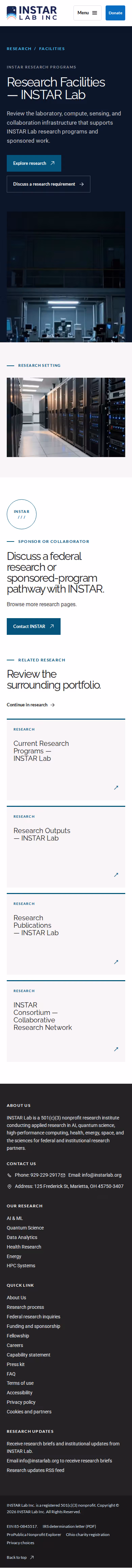 Screenshot thumbnail of Research Facilities — INSTAR Lab (/research/facilities/) at mobile viewport
